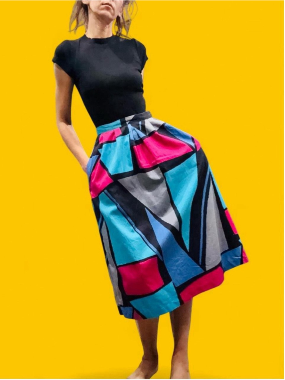 Vintage 1980s Jonathan Martin Naturals Geometric Colorblock Midi Skirt Pockets